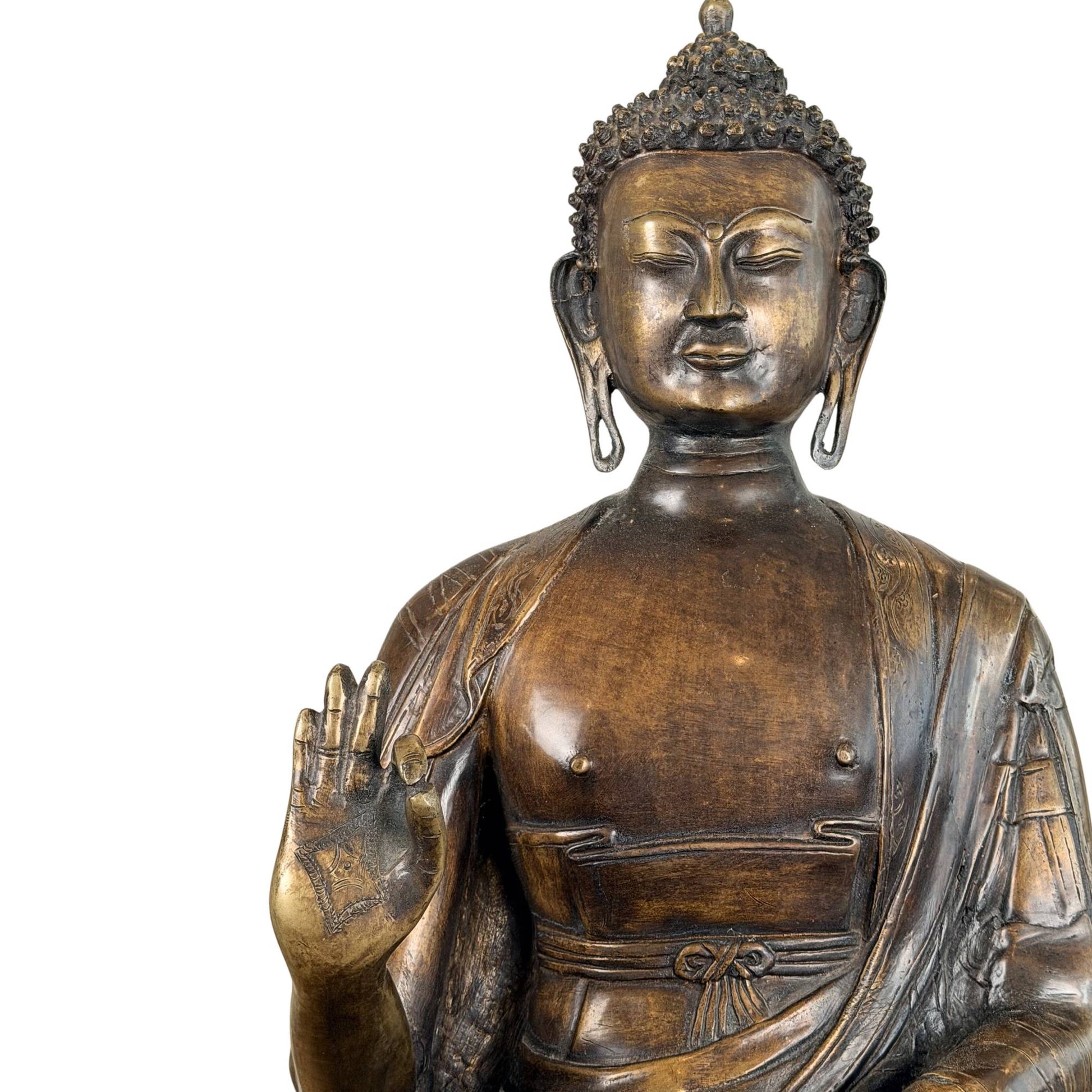 Antieke Himalaya Boeddha van vuurverguld brons, 27 kg zwaar, met diepe patina en krachtige spirituele aanwezigheid