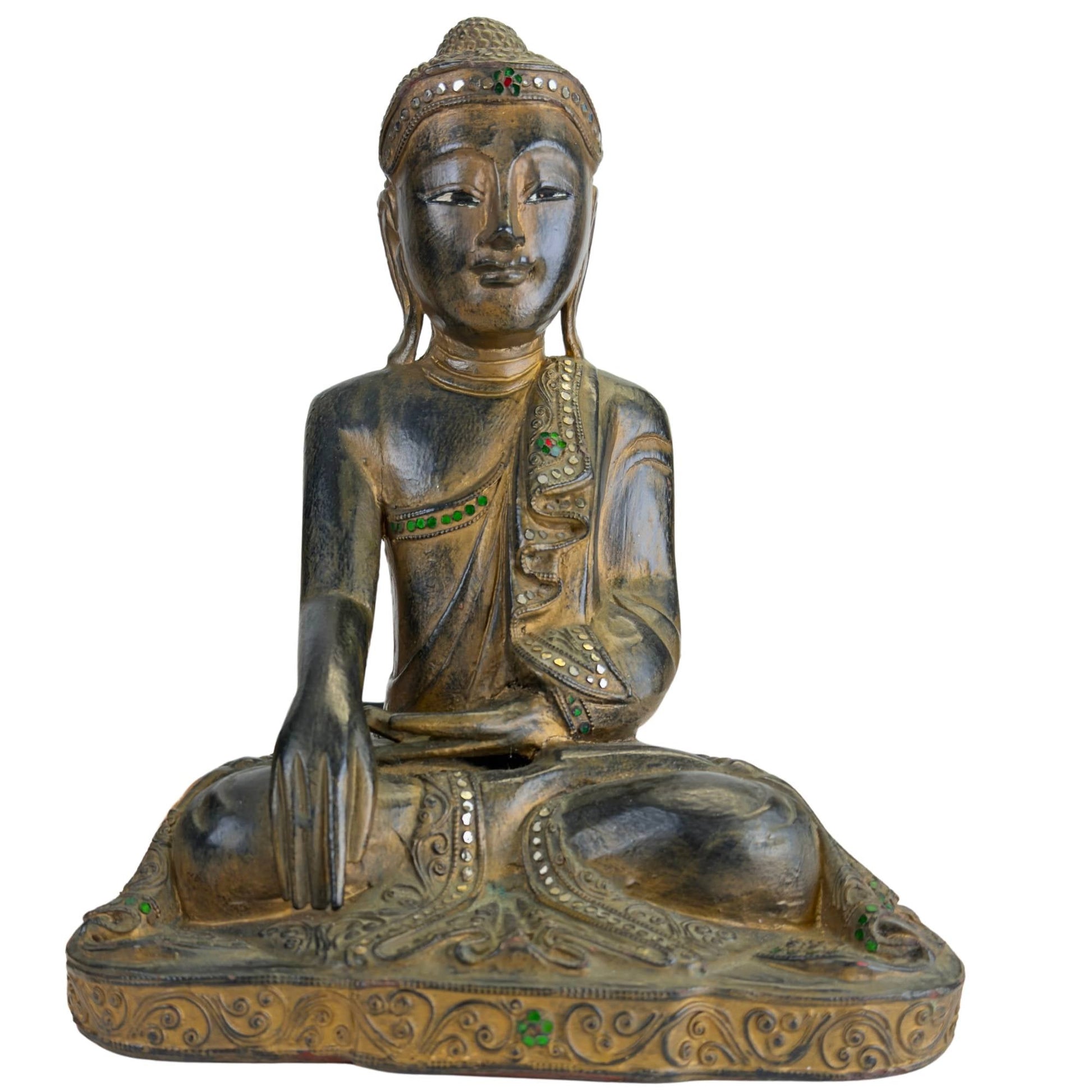 Antieke houten Mandalay Boeddha uit Myanmar met serene uitstraling