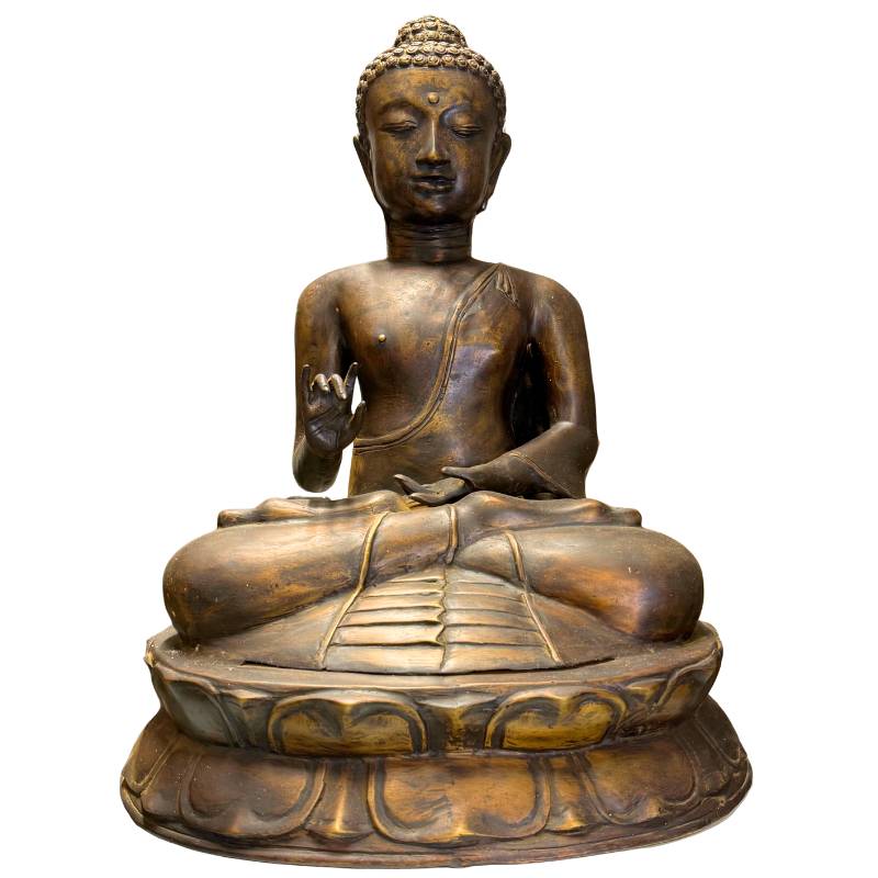 Monumentaal antiek Javaans bronzen beeld van de Boeddha in Vitarka Mudra.