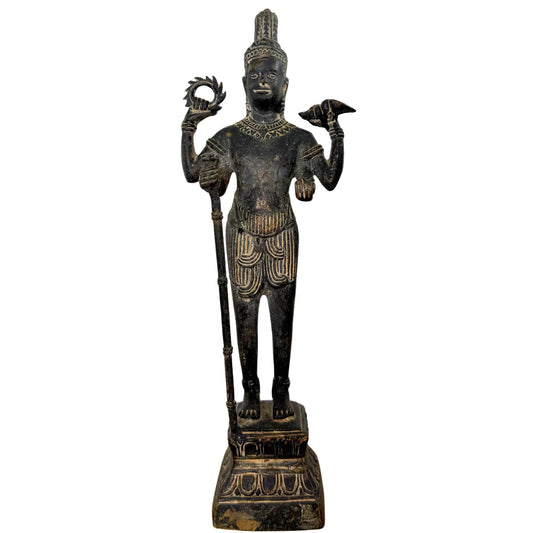 Authentiek Khmer bronzen beeld van Vishnu, 29 cm hoog, 13e-14e eeuw, volledig vooraanzicht.