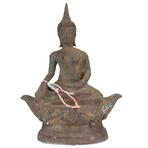 Antieke Thaise Bronzen Boeddha op Lotusbasis – Diepe Patina – Originele Kernvulling – Exportlabel