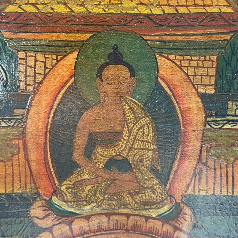 Antieke thangka schildering op doek gemonteerd op hout religieuze kunst