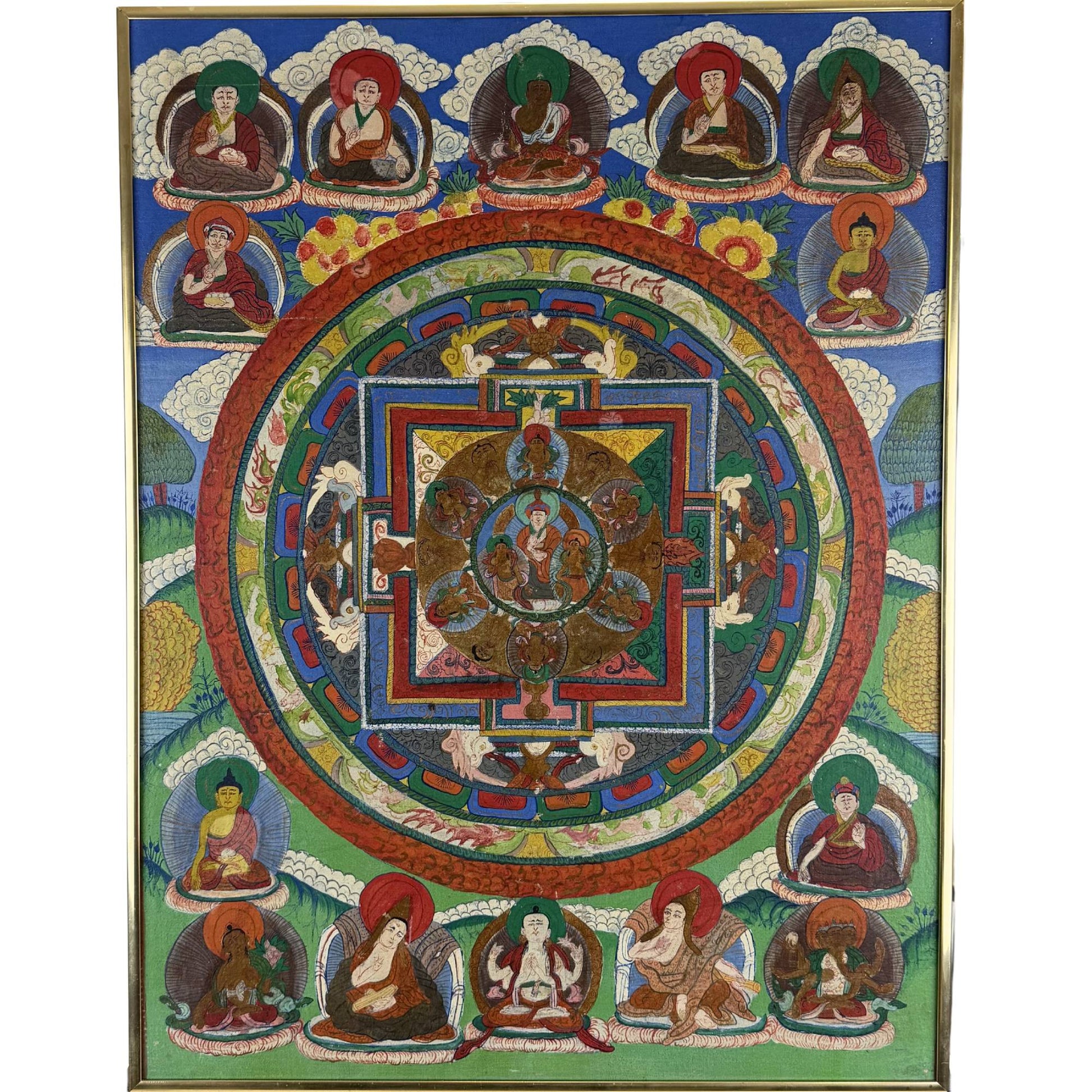 Antieke handgeschilderde Tibetaanse mandala thangka met rijke boeddhistische symboliek