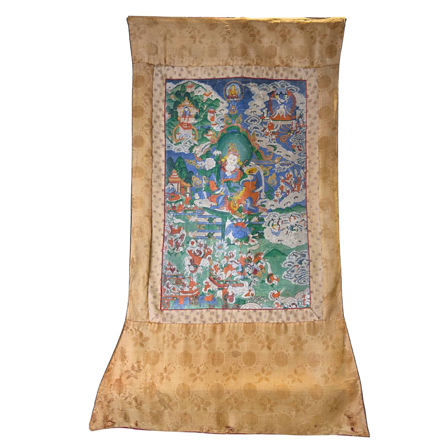 Antieke handgeschilderde Tibetaanse thangka met Yab-Yum iconografie in zijden brokaat omlijsting