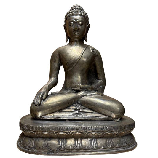 Antiek verzilverd Boeddha beeld 29cm West-Himalaya 19e eeuw verzamelobject.
