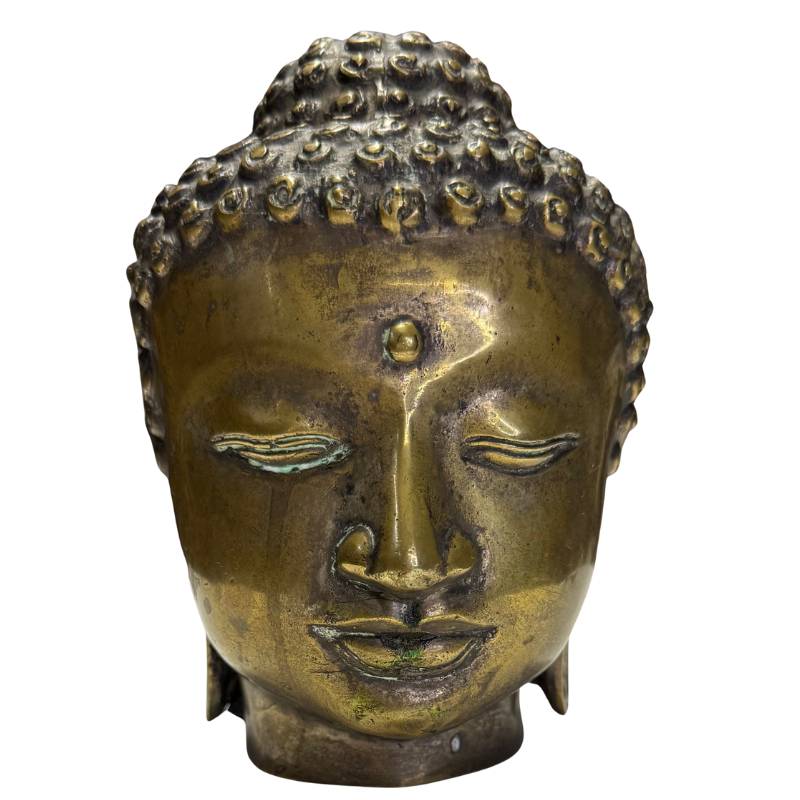 antique bronze buddha head with fire gilding from burma myanmar
