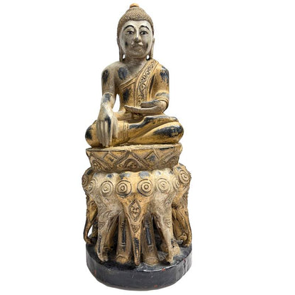 Antique Burmese Buddha on Elephant Base – Carved Wood, 57 cm – front view