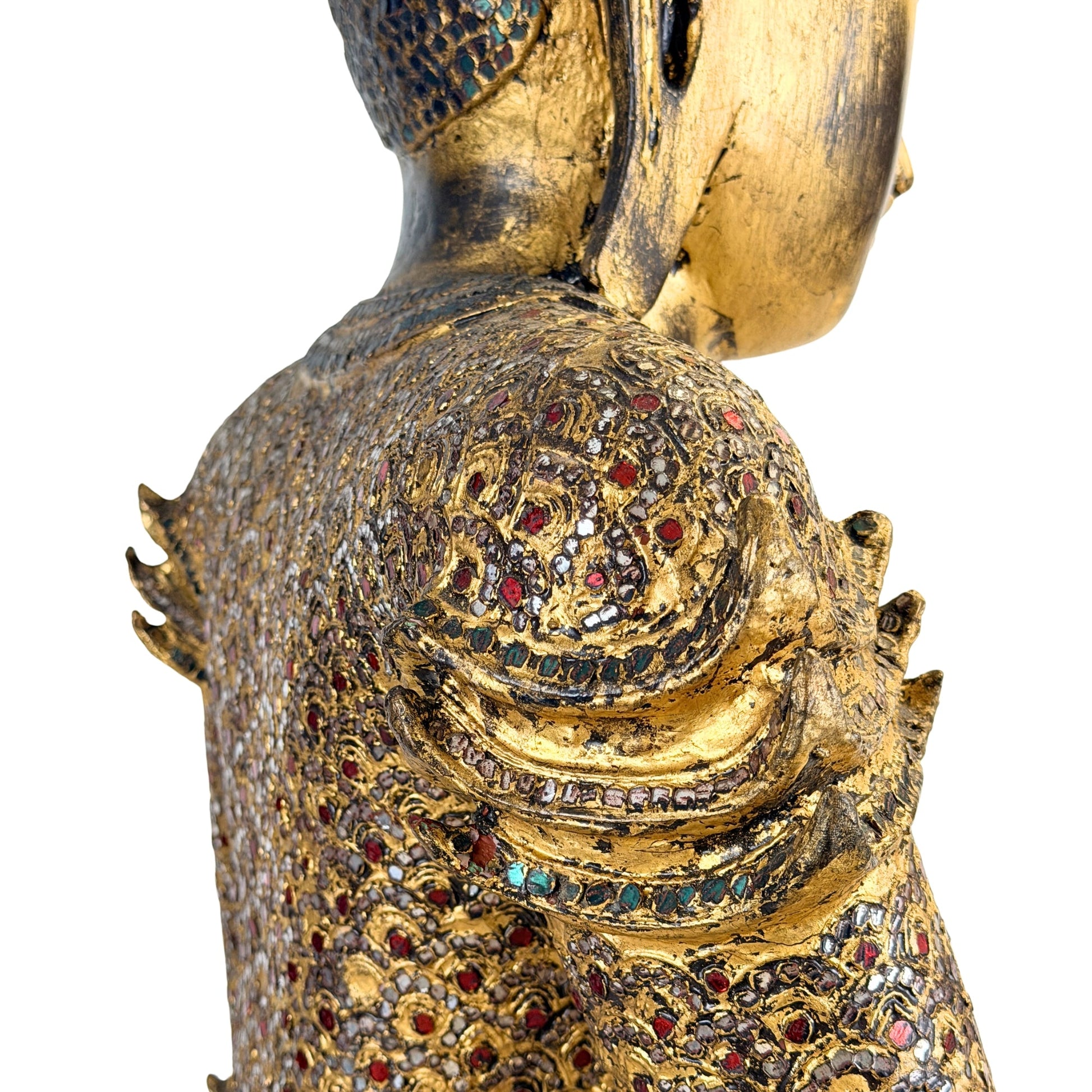 Original glass and mirror inlay on the antique Burmese Mandalay Buddha