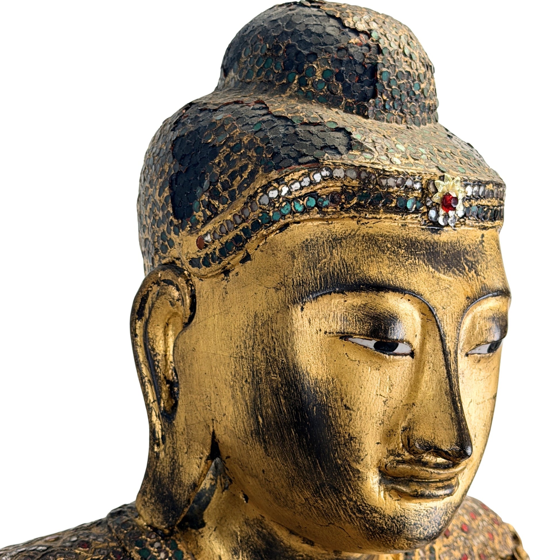 Antique Burmese Buddha from Myanmar in carved gilt teak