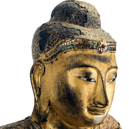 Antique Burmese Buddha from Myanmar in carved gilt teak