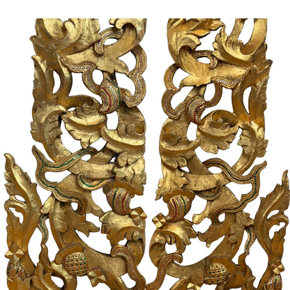 Antique Burmese Buddhist Altar Fronton – Carved Teak, ca. 1900 – close view of the upper section
