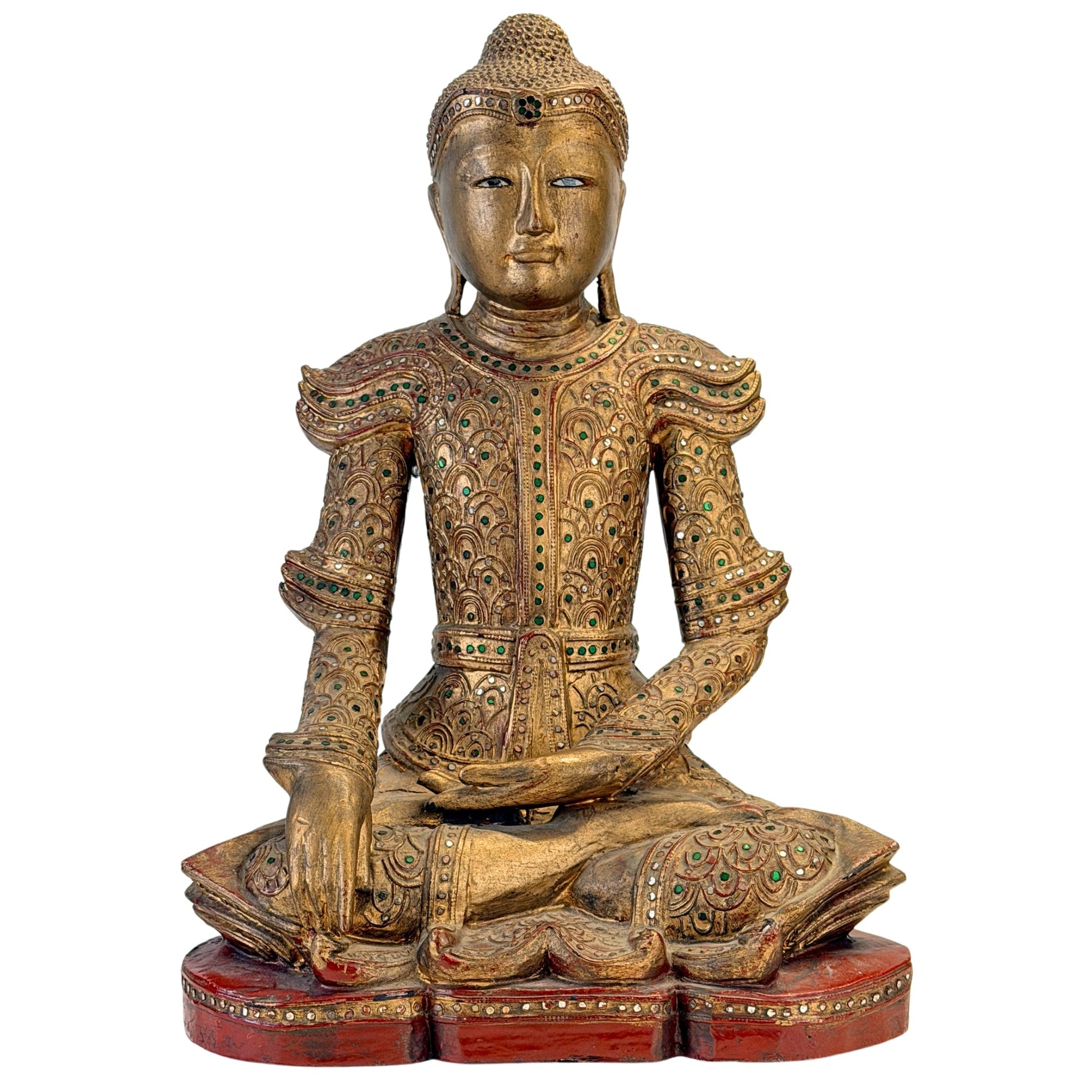 Antique Burmese Jambupati Buddha in gilt wood with glass mosaic, front view