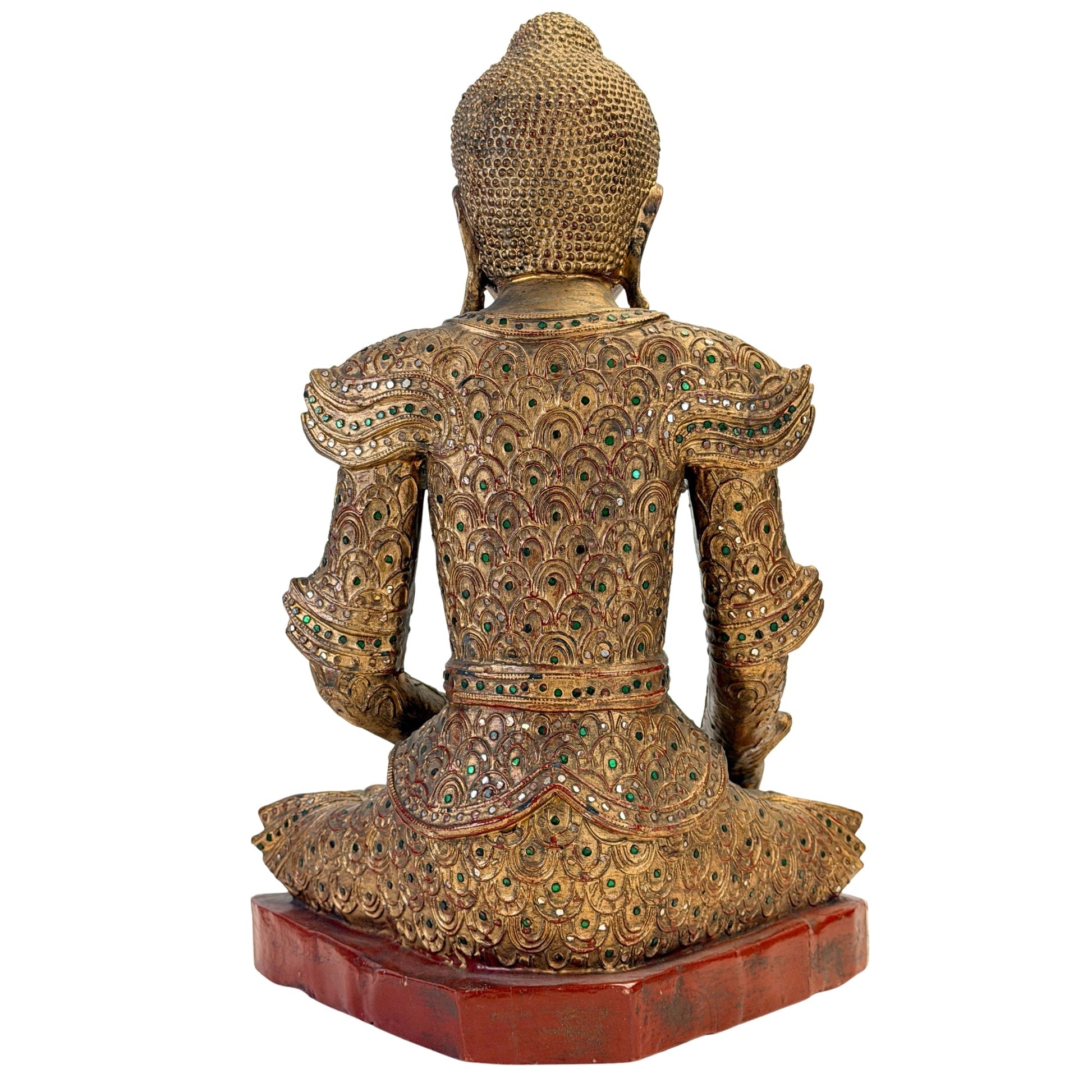 Full rear view of the antique Burmese Jambupati Buddha in carved wood