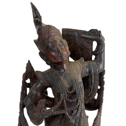 Antique Burmese Kinnari – Carved Teak, Mandalay Style, 37.5 cm – opposite three-quarter front view