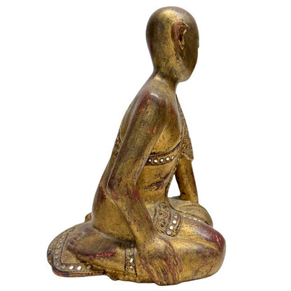 Antique Burmese Kneeling Monk – Gilt Teak, 26 cm – left-side view