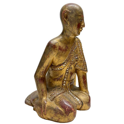 Antique Burmese Kneeling Monk – Gilt Teak, 26 cm – three-quarter front view