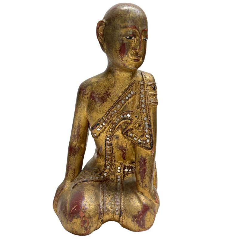 Antique Burmese Kneeling Monk – Gilt Teak, 26 cm – front view