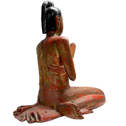 Antique Burmese Kneeling Monk – Gilt Wood, 57 cm – right three-quarter rear view