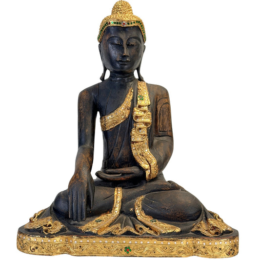 Antique Burmese Mandalay Buddha in black lacquered wood with gilding and glass, front view