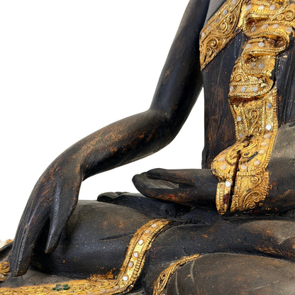 Antique Burmese Mandalay Buddha – Black Lacquer, Gilding & Glass, ca. 1900 – reverse surface detail
