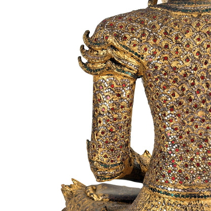 Antique Burmese Mandalay Buddha – Gilt Teak, Thayo & Glass Mosaic, ca. 1880–1920 – decorative detail