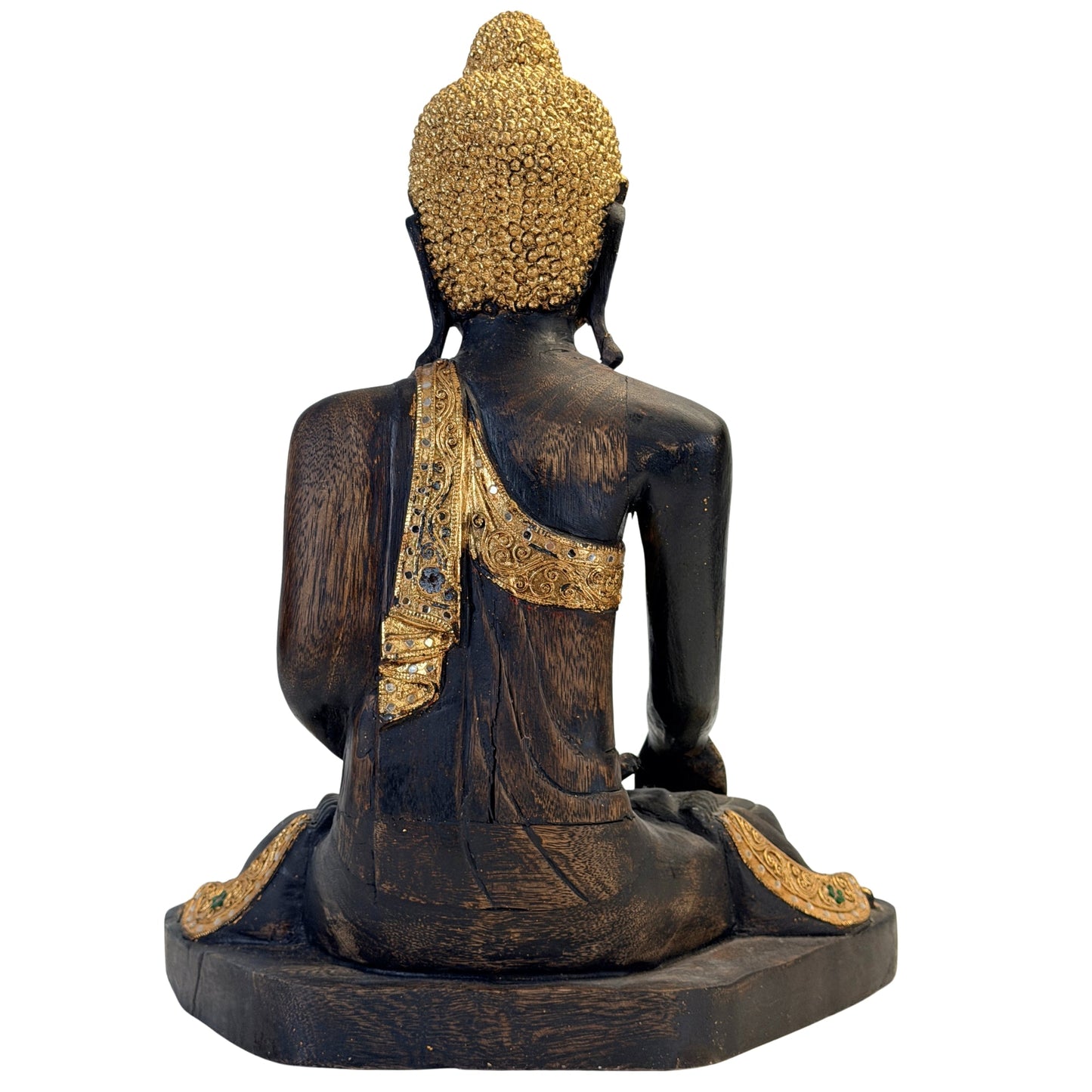 Full rear view of the black-lacquered antique Burmese Mandalay Buddha