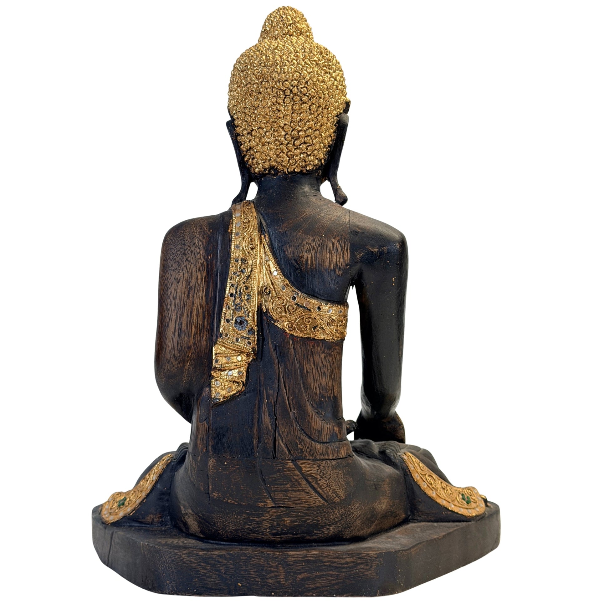 Full rear view of the black-lacquered antique Burmese Mandalay Buddha