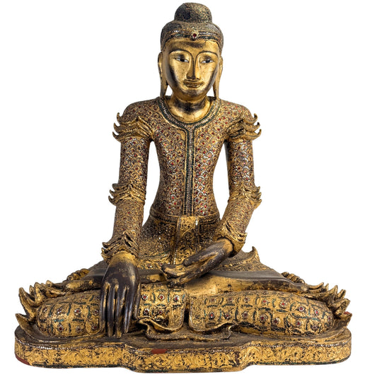 Antique Burmese Mandalay Buddha in gilt teak with thayo relief and glass mosaic