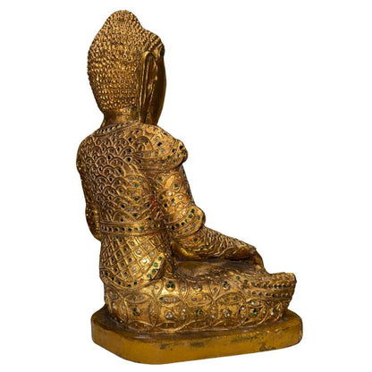 Antique Burmese Mandalay Buddha – Gilt Wood & Glass, 42 cm – left three-quarter rear view
