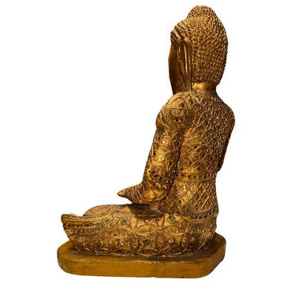Antique Burmese Mandalay Buddha – Gilt Wood & Glass, 42 cm – right three-quarter rear view