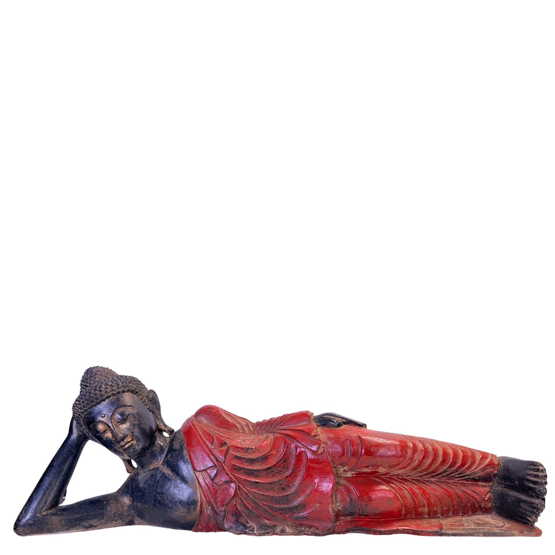 Antique 19th-century Burmese reclining Buddha in teak, full side view