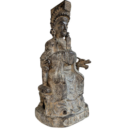 Antique Chinese Guanyin on Dragon Throne – Gilt Bronze, 25.5 cm – three-quarter front view