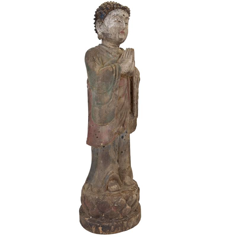 Antique Chinese Wooden Buddha – Polychrome & Gilt, 57 cm – three-quarter front view