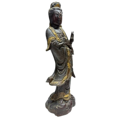 Antique Chinese wooden Guanyin with gilding, front-left view