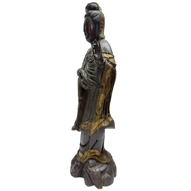 Antique Chinese wooden Guanyin, front-right view with lotus-form base