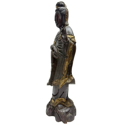 Antique Chinese wooden Guanyin, front-right view with lotus-form base