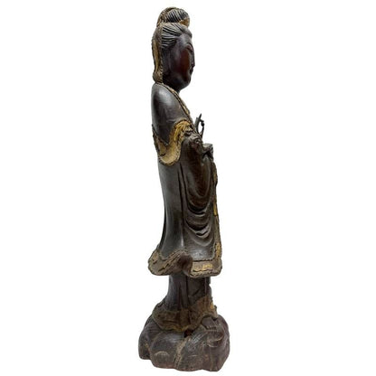 Antique Chinese wooden Guanyin, left profile showing flowing robes