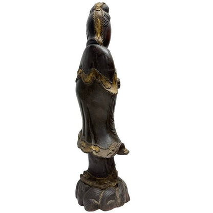 Antique Chinese wooden Guanyin, rear-left view with gilt robe borders