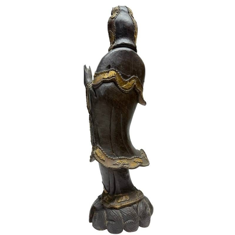 Antique Chinese wooden Guanyin, rear-right view with carved robe