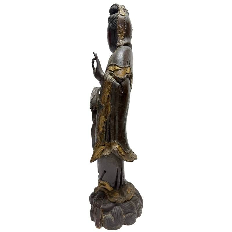 Antique Chinese wooden Guanyin, right profile with raised hand