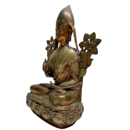 Antique gilt bronze Tsongkhapa, front-right view with lotus flowers