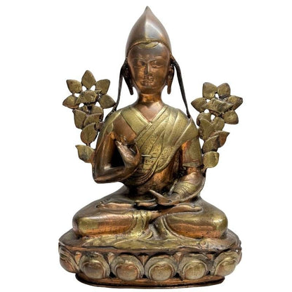 Antique gilt bronze Tsongkhapa from Ladakh, front view on lotus base