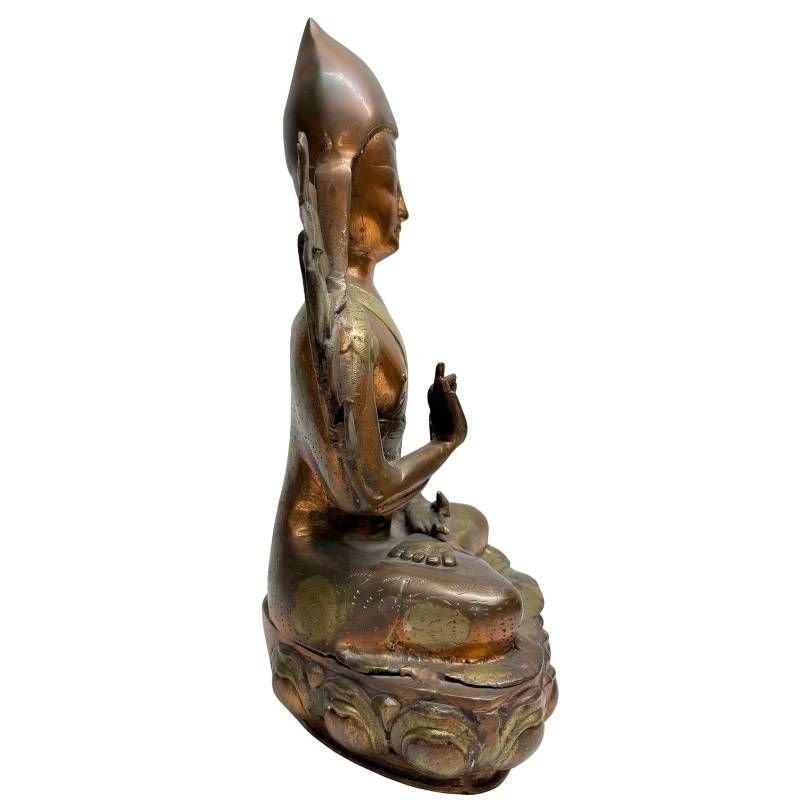 Antique gilt bronze Tsongkhapa, left profile showing teaching gesture