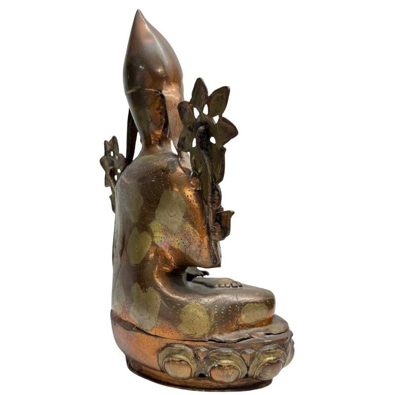 Antique gilt bronze Tsongkhapa, rear-left view with engraved gilded surface