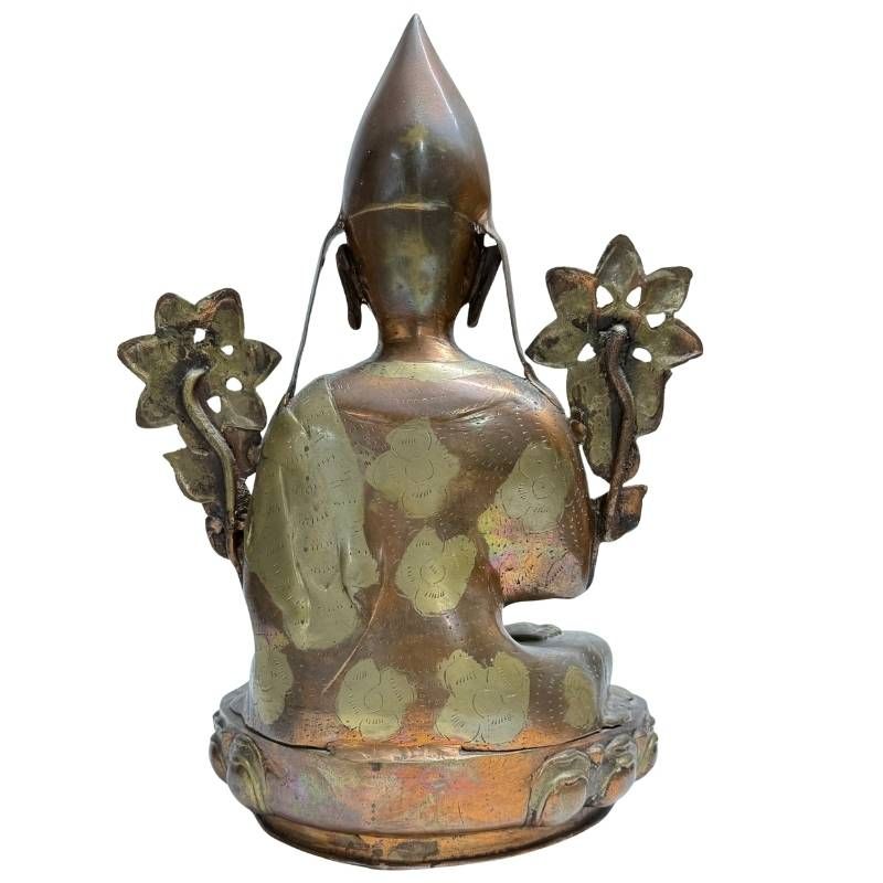 Antique gilt bronze Tsongkhapa, rear view with lotus flowers and robe