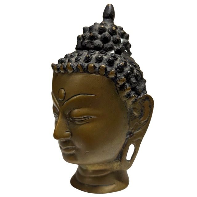 Antique Gilt Buddha Head – Bronze, 12 cm – close view of the central details
