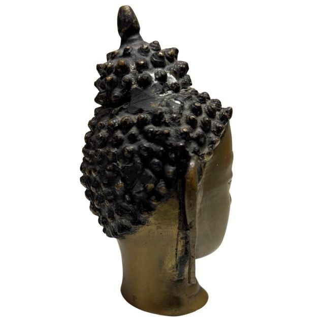 Antique Gilt Buddha Head – Bronze, 12 cm – three-quarter front view