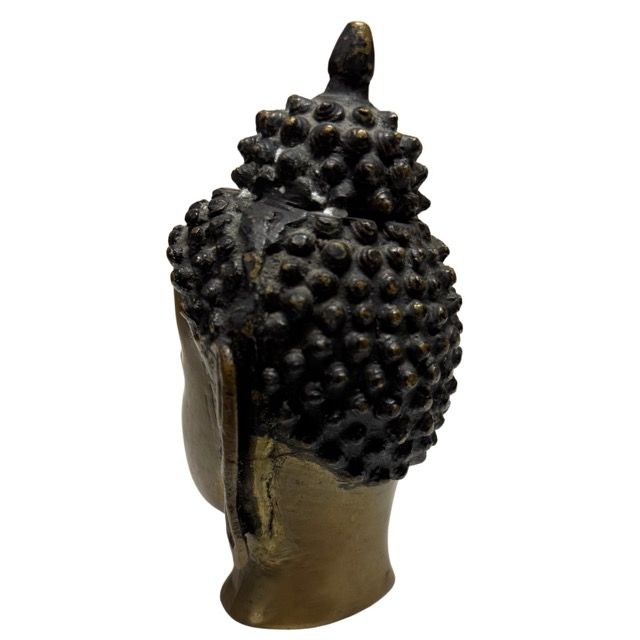 Antique Gilt Buddha Head – Bronze, 12 cm – opposite three-quarter front view