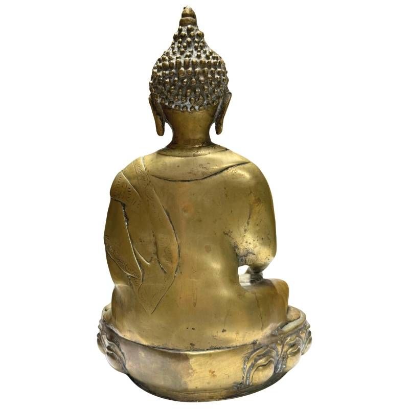 Antique gilt metal Buddha, rear view of robe and lotus throne