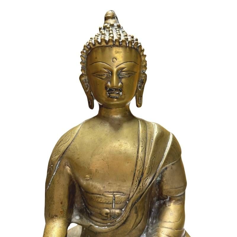 Antique gilt metal Buddha, detail of face, ushnisha and robe